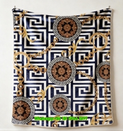 Versace Navy Blue and White Greek Key with Gold Chain Medallion Flannel Throw Blanket IMG_1465